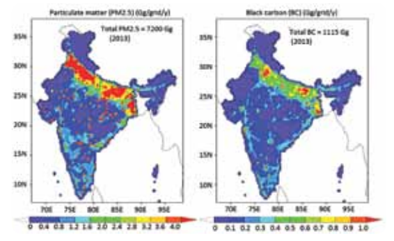 Spatial distributions of annual emissions of particulate matter (PM2.5) and black carbon (BC) from Indian industrial, transport and residential energy-use. 