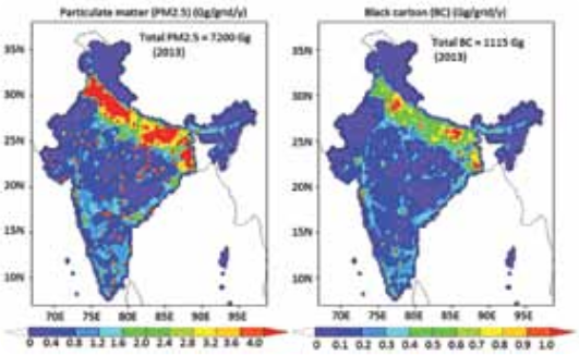 Black carbon & particulate matter map Spatial distributions of annual emissions of particulate matter (PM 2.5 ) and black carbon (BC) from Indian indus- trial, transport and residential energy-use